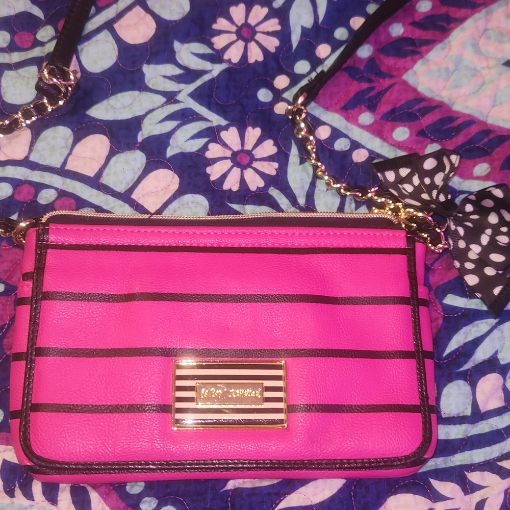 Betsey Johnson Pink and Black Striped Crossbody Bag